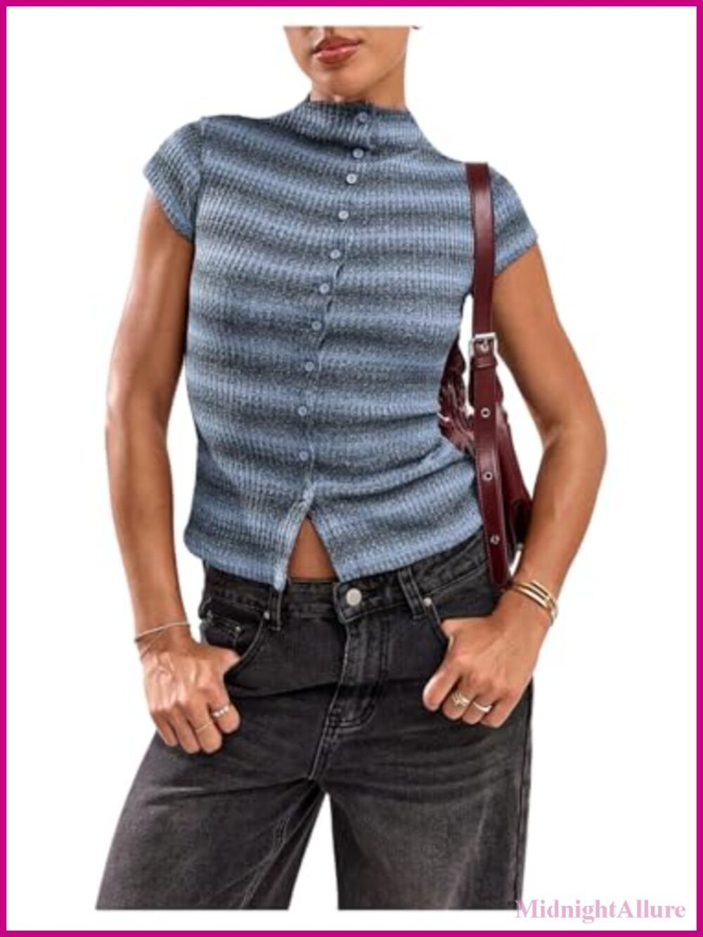 Striped Mock Neck Cap Sleeve Tee Shirt, Soft Stretch Fit